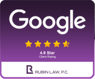 Google 4.9-star client rating badge for Rubin Law, P.C.